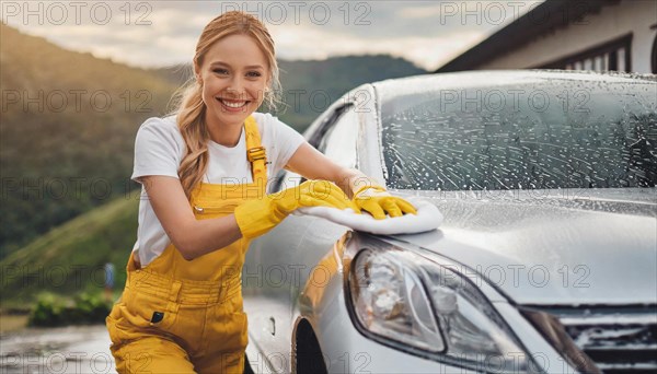 AI generated, A blonde woman washes a car by hand, silver sports car