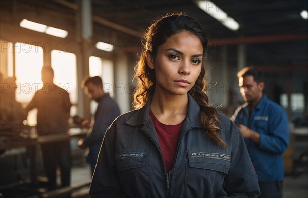 A stern-looking woman stands in a busy workshop with co-workers as sunlight streams in, blurry selective focus background, bokeh, AI generated