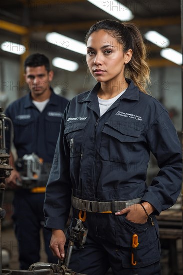 A serious mechanic woman in a workshop wears overalls and a tool belt, AI generated