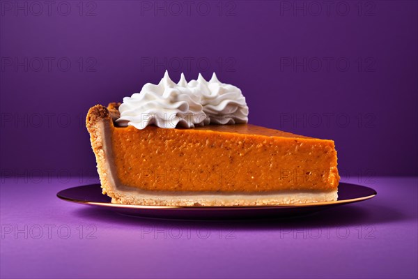 Single slice of orange pumpkin pie with cream in front of purple background. KI generiert, generiert AI generated