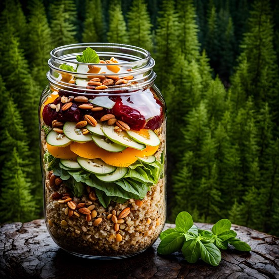 Mason jar salad featuring layers of quinoa mixed greens nuts and dried fruits, AI generated