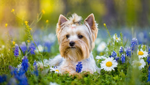 KI generated, A white Yorkshire Terrier lying in a flower meadow, (Canis lupus familiaris)