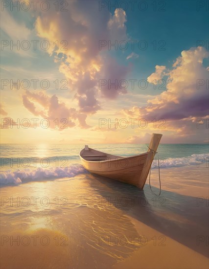 Dreamlike scene with a wooden boat on the beach. Sea sunset in pastel colors. AI generated art