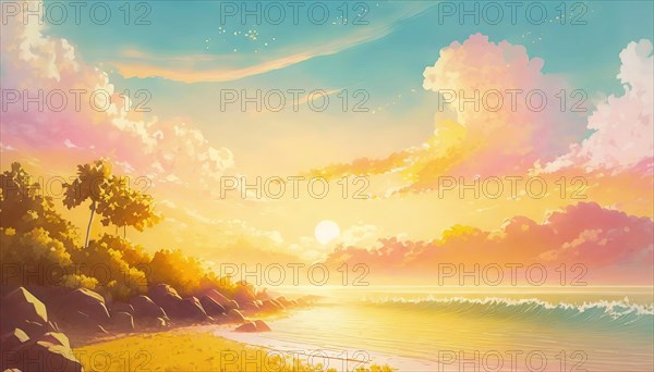 Summertime seaside pastel colors illustration. Summer sunset scene on a tropical beach. Sea holiday vibes on an exotic island. AI generated art