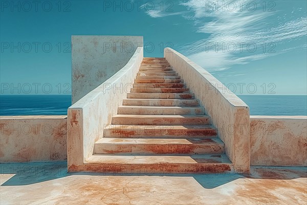 Stairway leading up to the sky, bordered by warm-colored walls under a bright blue sky with wispy clouds, AI generated