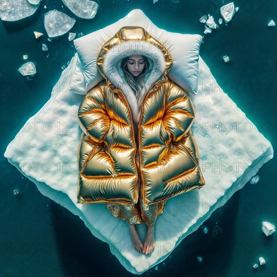 Woman in yellow golden puffer jacket lies on a block of ice alone in the middle of the ocean sea. Environmental issue, climate change agenda, AI generated