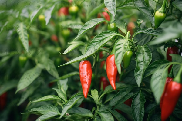 Red and green Jalapeno peppers growing on bush. KI generiert, generiert AI generated