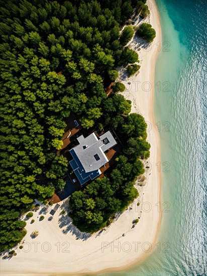 Drone view top down perspective of a minimalist cabin solitary on a secluded island, AI generated, building, architecture, modern