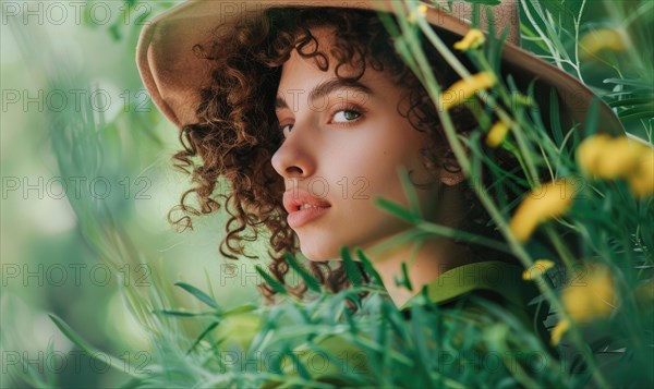 A woman's face partially obscured by greenery and yellow flowers, emanating a sense of mystery AI generated