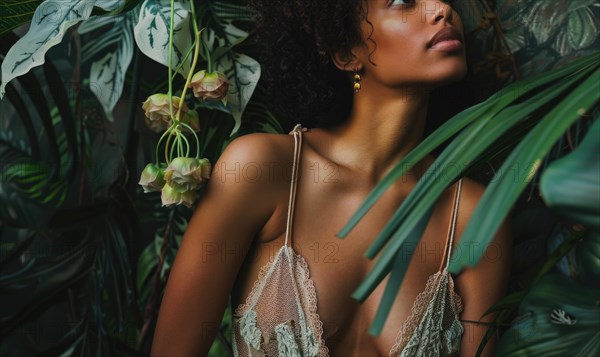 Model in a lace dress surrounded by exotic plants creates an intimate mood AI generated