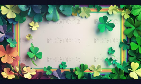 Template for card for St. Patrick's Day with shamrock and rainbow around card frame and empty space in middle --chaos 3 --ar 5:3 --v 6 Job ID: 297a286c-68ed-4c07-86c5-b8096f4b1c0e, AI generated