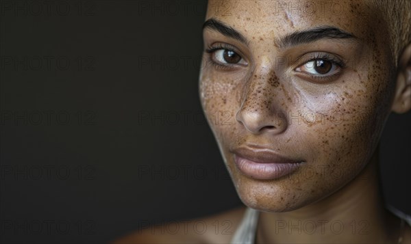 Portrait of a woman with freckles in a close-up shot, displaying natural beauty against a dark background AI generated