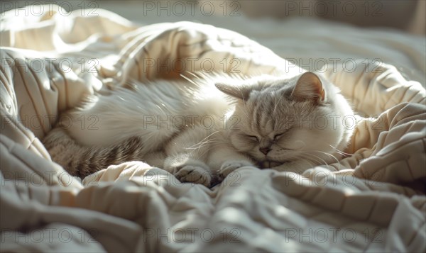 A serene cat sleeps deeply, nestled in a soft, cozy bed AI generated