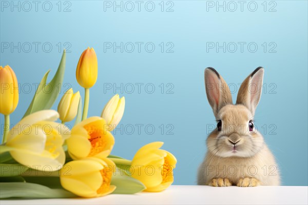 Cute Easter bunny next to yellow tulip spring flowers on blue bakcground. KI generiert, generiert AI generated