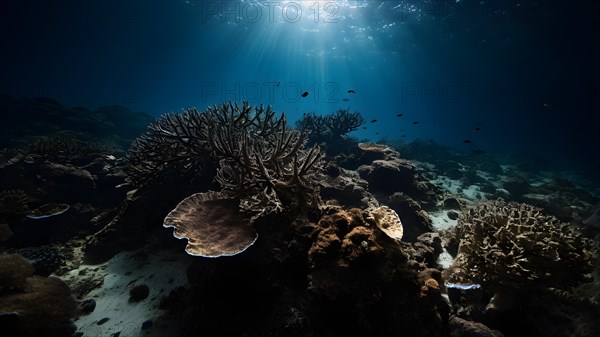 Dead coral reef moonlit shadows playing across skeletal remains visual narrative of marine ecosystem, AI generated