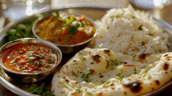 A sunlit Indian thali featuring curry, rice and naan bread for a fresh lunch, ai generated, AI generated