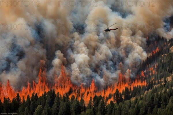 Helicopter releases torrents onto raging wildfire densely treed national park below embers glow, AI generated