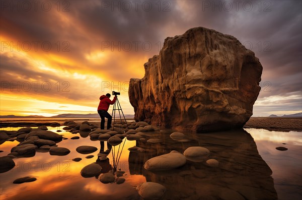 Photographer with tripod on a rocky beach during an atmospheric sunset, KI generated, AI generated