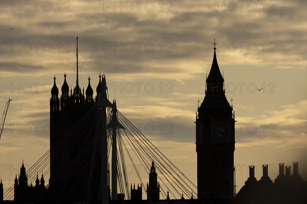 Big Ben or The Elizabeth Tower clock tower of the Palace of Westminster at sunset, City of London, England, United Kingdom, Europe