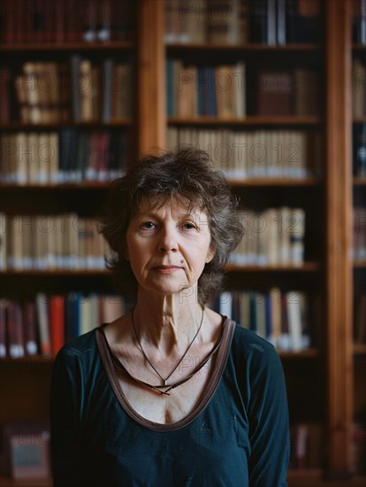 Serene woman standing in front of bookshelves in a library, AI generated