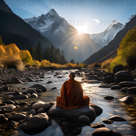 Monk engrossed in meditation beside a serene mountain stream, AI generated