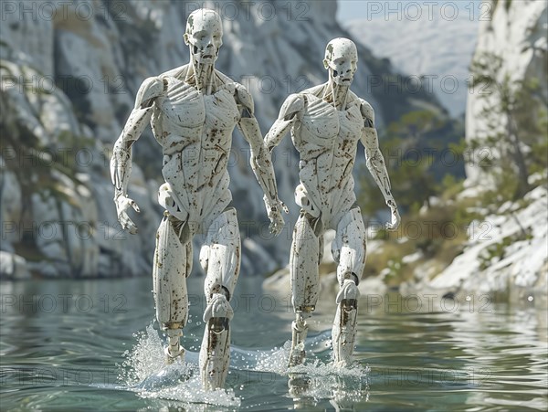 Two skeletons walk through shallow water in a picturesque mountain landscape, AI generated, AI generated, AI generated
