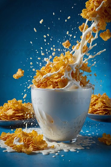 A white bowl overflows with milk and cornflakes against a blue background, AI generated