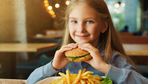 AI generated, A young girl, 10 years old, enjoys her burger, hamburger, fast food, restaurant