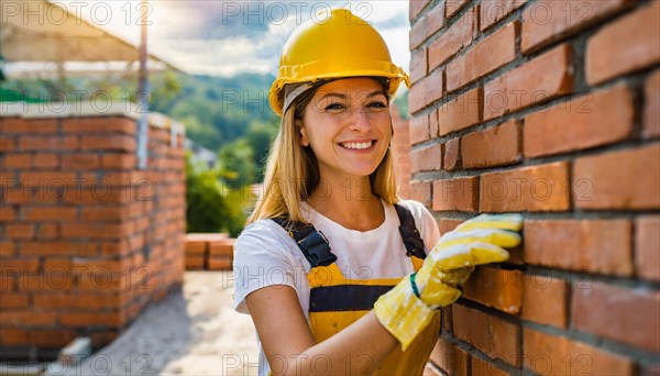 AI generated, A female bricklayer inspects a brick wall, 30, 35, years