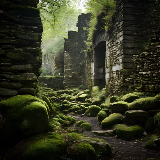 Ancient city wall weathered stones embraced by moss testament to resilience endurance through time, AI generated