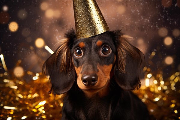 Cute Dachshund dog with goldne party hat and confetti in background. KI generiert, generiert AI generated