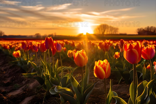 Sunset draping a tulip field in warm golden hues, AI generated