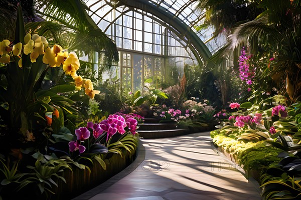Orchid conservatory path winding enticingly amongst diverse floral species, AI generated