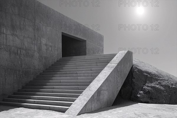 Black and white image of a minimalist staircase with pronounced play of sunlight and shadows, AI generated