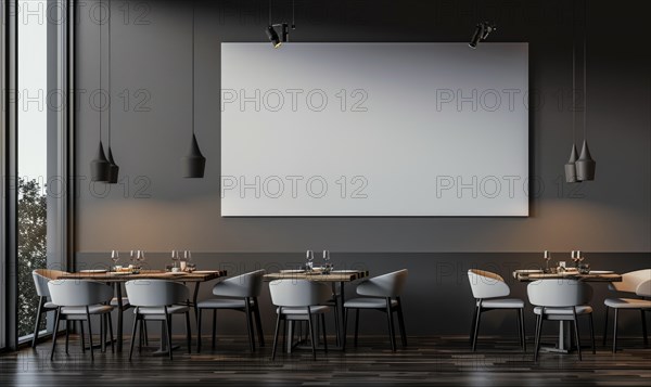 An elegant restaurant interior with luxurious seating and a large empty poster on a dark wall AI generated