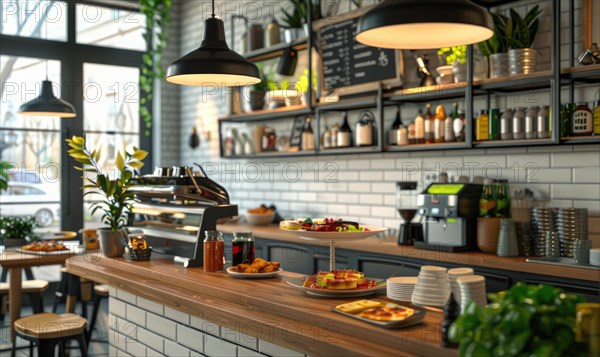 A cozy and stylish cafe interior bustling with activity, lit by warm pendant lights AI generated