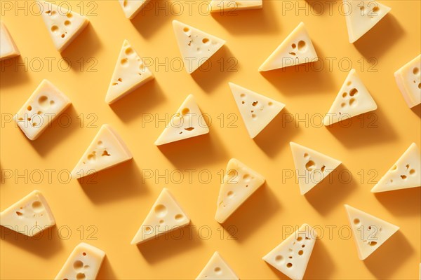 Top view of pieces of cheese on yellow background. KI generiert, generiert AI generated