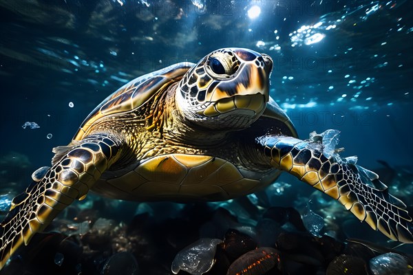 Turtle ensnared by plastic debris battles the ocean currents, AI generated
