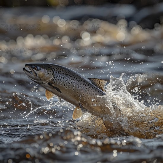 Salmon (Salmo salar) on the migration and swim up a stream in shallow, clear water, ai generiert, AI generated