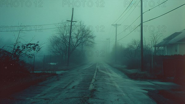 A desolate road stretches into fog, lined by power lines and silhouettes of houses, AI generated