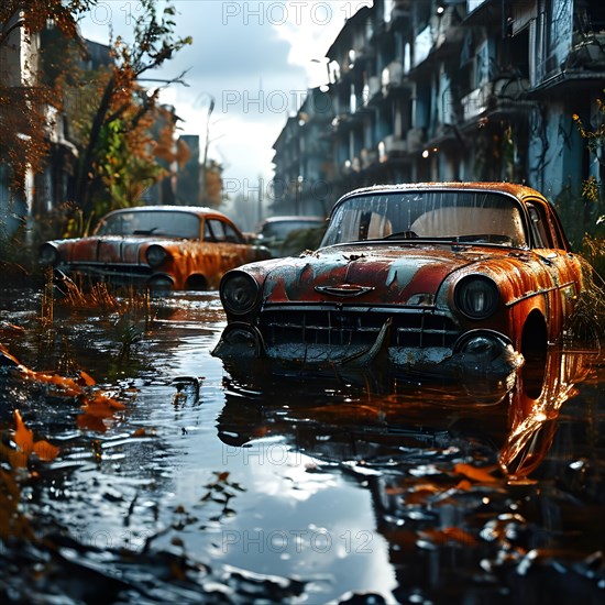 Abandoned cars half submerged in a flooded city street, AI generated