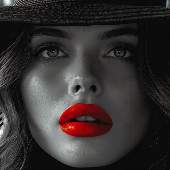 A striking black and white portrait of a woman with vibrant red lips under a hat, AI Generated, AI generated