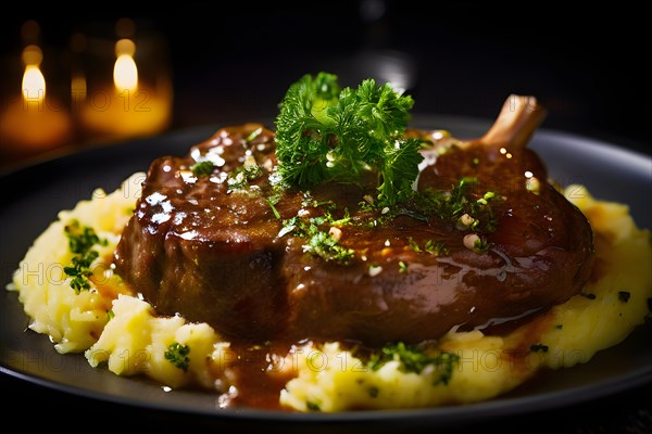 Veal shanks slow cooked osso buco style garnished with gremolata alongside creamy saffron risotto, AI generated
