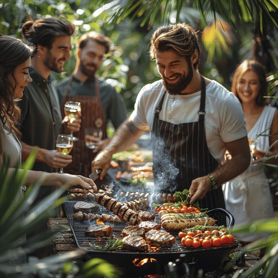 Barbecue party, guests with glasses in their hands stand around a chef who is grilling sausages and steaks, AI generated