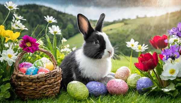 Ai generated, An Easter basket with coloured eggs in a meadow with colourful flowers, in the basket a black and white dwarf rabbit, symbolic image Easter, animal children