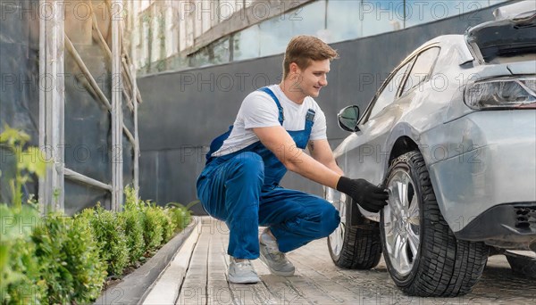 AI generated, A mechanic changes the tyres on a customer's car, tyre fitting, silver car