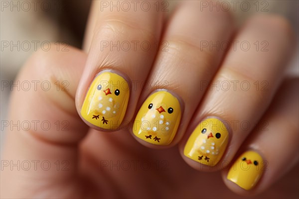 Woman's fingernails with cute yellow Easter chick nail art design. KI generiert, generiert AI generated