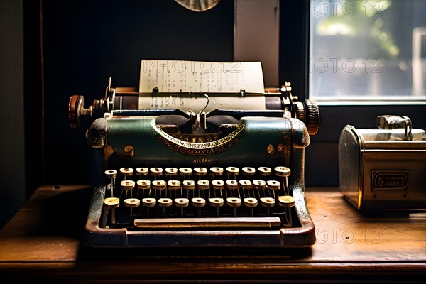 Antique typewriter with peeling paint and rust, AI generated