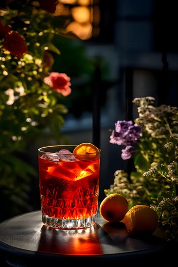 Classic negroni with precise proportions of gin vermouth campari on balcony rail serene garden, AI generated