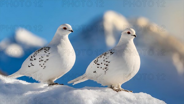 KI generated, A rock ptarmigan foraging in winter, white plumage, (Lagos muta), pheasants